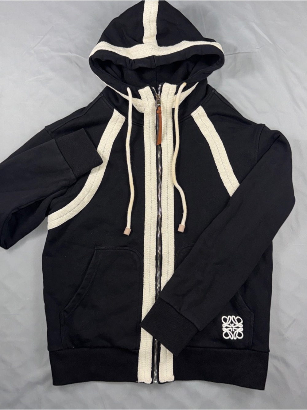 Loewe Hoodie Men's Medium Black Full Zip Contrast Trim Logo Embroidered Knit